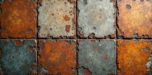 Distressed concrete tiles, mottled brown & gray, wall, aged