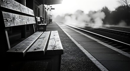 Empty wooden bench waits patiently on a misty, atmospheric train platform with train smoke in distance