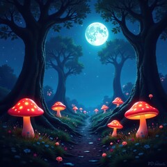 Enchanted forest at night, glowing mushrooms, mystical trees, luminescent, forest