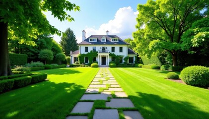 Expansive green backyard, stone path, grand mansion setting, sunny day , royalty-free, blue
