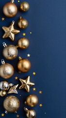 Fototapeta premium Golden ornaments and stars on deep blue background, festive holiday scene.