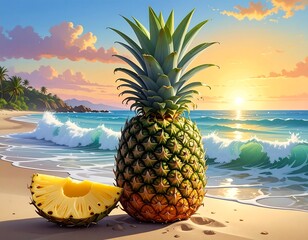 A vibrant pineapple sits on a sandy beach at sunset