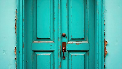 Faded turquoise painted door, deep grooves, peeling paint , design, facade, home design