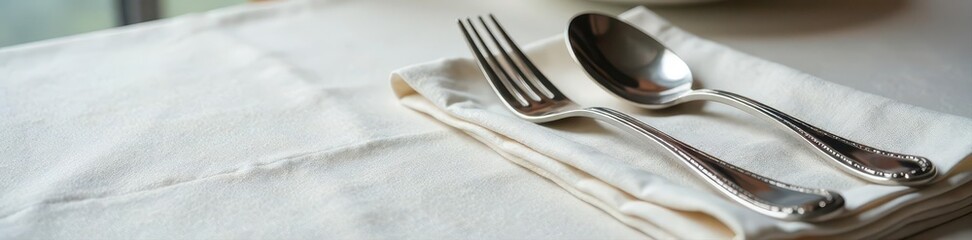 Gleaming silverware arranged on crisp linen tablecloth, expensive, formal, silverware