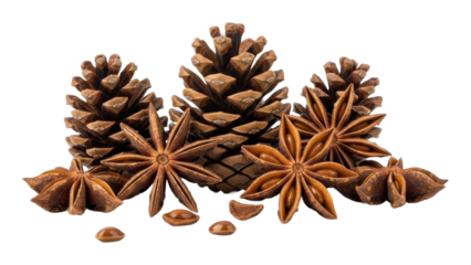 Exploring natural spices star anise and pine cones in nature isolated on transparent background