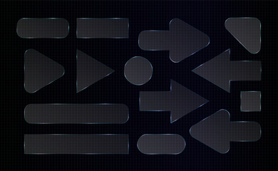 Transparent glass effect arrow frame. 3d light plastic texture, gradient vector rectangle. Square glossy plate, screen panel. Clear crystal blur shape, futuristic button reflect. Neon text overlay