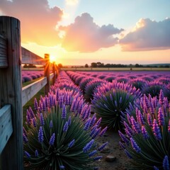 Golden hour illuminates a lavender expanse behind weathered fences , view, bright