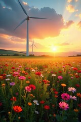 Golden hour light bathes vibrant wildflowers and a majestic wind farm , yellow, meadow, nature