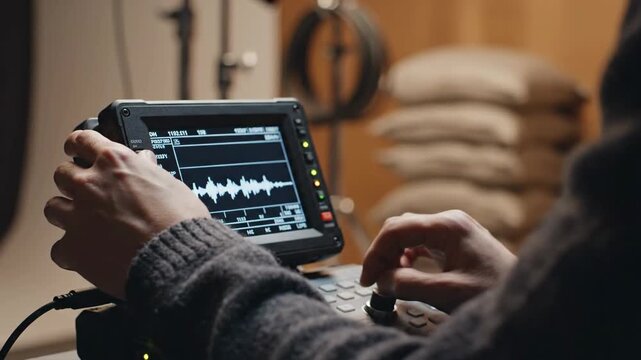A dedicated audio engineer's focused hands operate advanced portable sound recording equipment, meticulously adjusting waveform parameters for