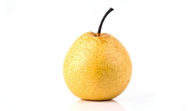 A single round Asian pear (Nashi pear) with smooth yellow skin placed on a neutral gray surface. The minimalist setup emphasizes purity and freshness, suitable for wellness branding.