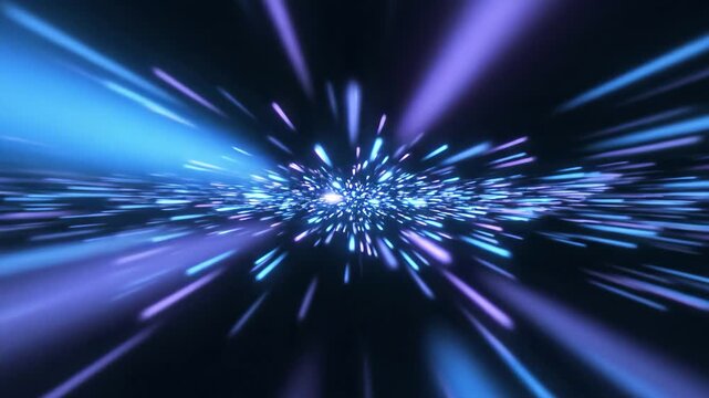 Abstract blue and purple light streaks moving fast through dark space, representing hyperspace or data transfer speed, 4k high quality video