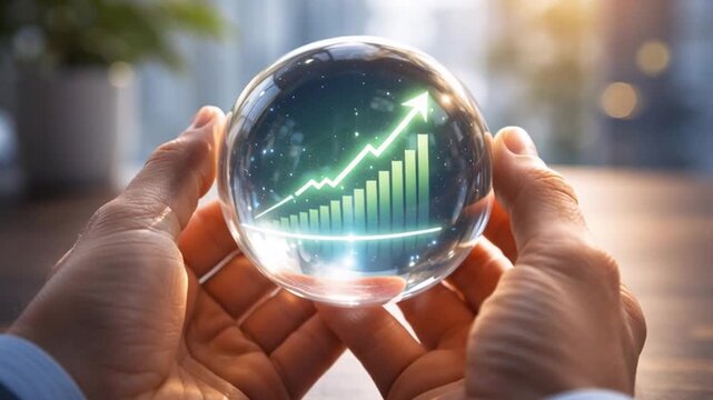Crystal ball held in hands revealing rising glass bar chart arrow and growth finance forecast with glowing chart signaling upward stock market outlook and optimistic profit prediction