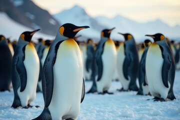 Obraz premium Large king penguin cuts through tightly packed penguins , birds of prey, sea
