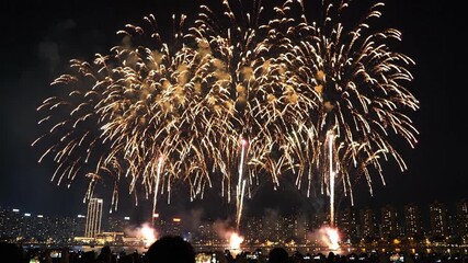 Spectacular nocturnal urban fireworks illuminate the night sky above a vibrant cityscape, celebrating with explosive bursts of color as a crowd