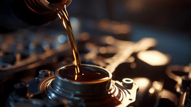 Dramatic close-up of thick, golden engine oil pouring into a metallic motor block during routine maintenance in a dark garage.