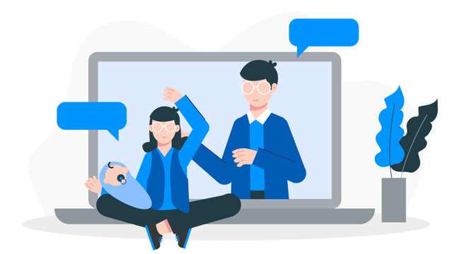 Online Fitness Trainer Leading a Postnatal Recovery Class. Flat Vector Business Illustration