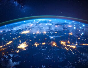Illuminated Earth at night, overlaid with network connections