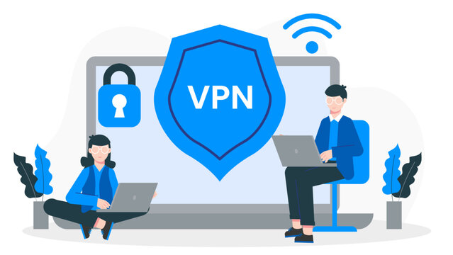 Remote Team Using a Virtual Private Network for Security. Flat Vector Business Illustration