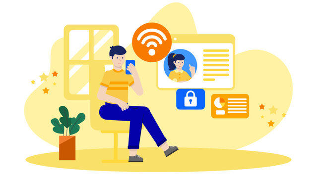 Remote Team Using a Virtual Private Network for Security. Flat Vector Business Illustration