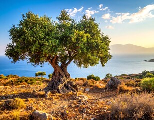 A solitary tree overlooking a vast ocean under a bright, clear sky