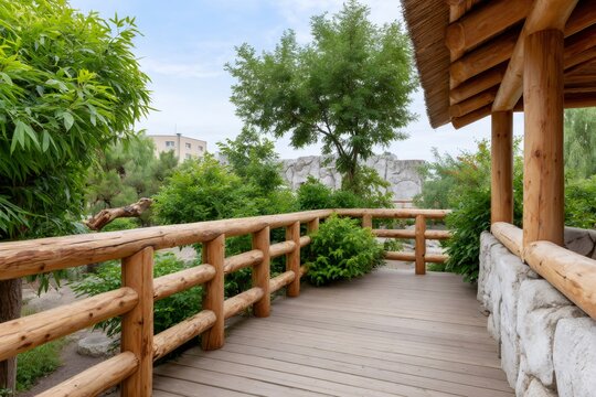 Wooden walkway with log fence in green park
