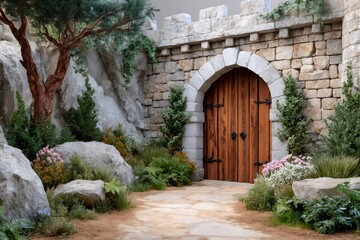 Fototapeta premium Medieval castle gate entrance leading to a secret garden