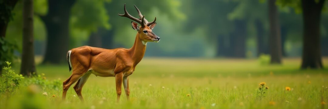 Male Barasingha in Kanha, side profile; lush forest backdrop , horned, barasingha
