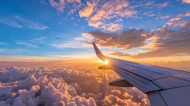 A breathtaking aerial view from an airplane window, showing the right side wing ,it flying high above a thick layer of fluffy white clouds,golden-orange hues from the setting or rising sun.