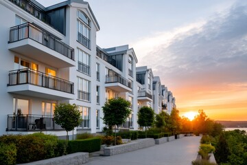 Fototapeta premium Modern residential building complex at sunset with lake view