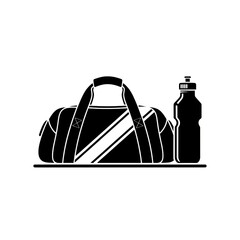 A gym bag and a water bottle placed on the floor