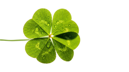 Fresh four leaf clover with dew drops isolated on transparent background