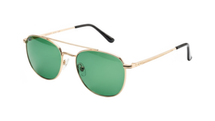 Green aviator sunglasses with gold frame and black tips isolated on transparent background
