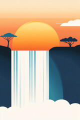 Artistic travel poster of Victoria Falls with powerful waterfalls plunging into a deep gorge, rising mist and rainbow sky. Minimalist vector style ideal for travel decor and tourism promotion.