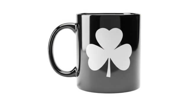 Black coffee mug with white shamrock design on side isolated on transparent background - Powered by Adobe