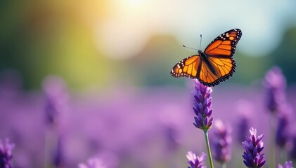 Monarch butterfly floats above vibrant purple lavender field, butterfly, delicate