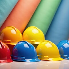 Neatly arranged safety helmets and tarpaulins in various colors , tarpaulin, building