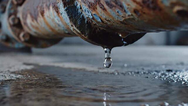 Water steadily drips from a heavily corroded industrial pipe, splashing onto the wet concrete.