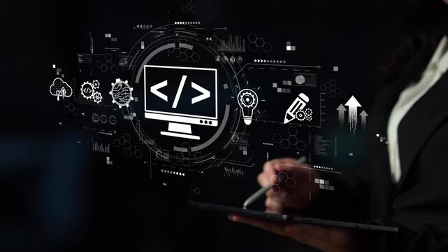 Modern web development concept featuring coding symbols, web development process, web development interface, and web development tools with futuristic design. Muxer