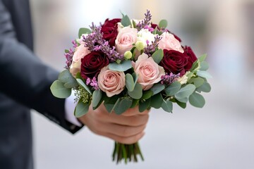 Groom holding wedding bouquet with roses and lavender