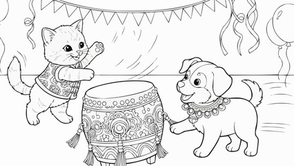 Coloring book for kids - Cartoon kitten and puppy playing drum in festive environment  