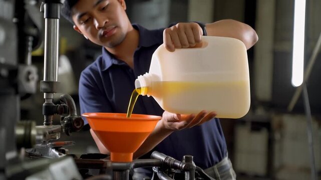 A focused close-up shows a mechanic pouring golden engine oil from a plastic container through a funnel in a dark workshop environment.