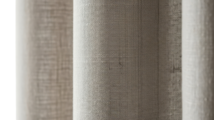 Close up of fabric texture on a high quality linen curtain panel isolated on white background