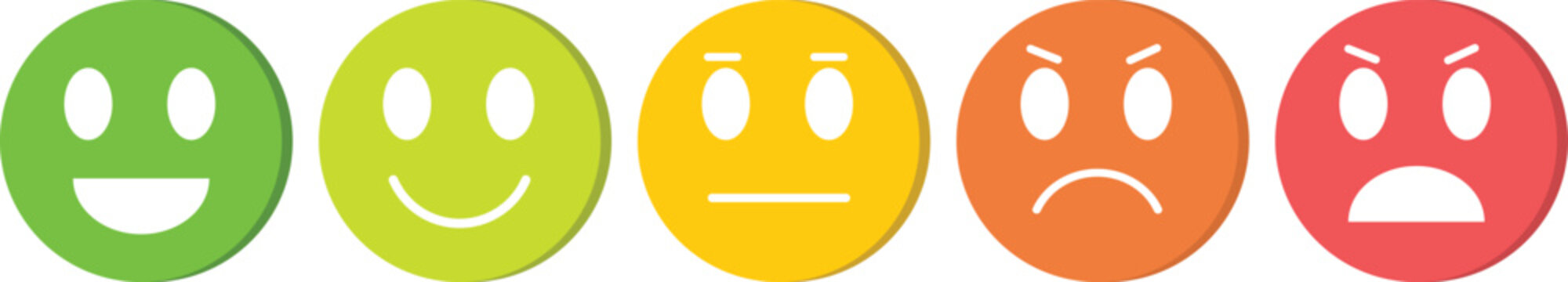 Five colorful emoji faces showing a spectrum of emotions from joy to anger, ideal for feedback scales and mood tracking.