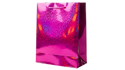 A vibrant pink gift bag with a shimmering texture on transparent background