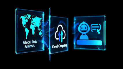 Digital Innovation: Global data analysis and cloud computing, illustrated with futuristic holographic interfaces, showcasing technological progress and the power of data. 