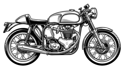 Fototapeta premium Black and white illustration of a classic motorcycle with a sleek design and chrome accents on a plain white background.