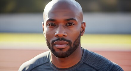 Black male athlete focused and posing on outdoor running track  