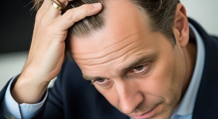 Naklejka premium Man looking stressed while holding his head in a modern office 