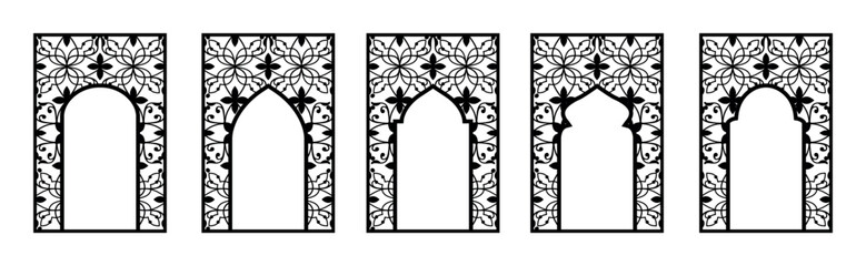 Five Islamic archways mihrabs. Islamic windows, mosque doors with traditional pattern. With floral arabesques, perfect for laser cutting, Al-Adha decoration, holiday frames, card or social media