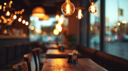 Coffee shop interior with warm golden lights, winter atmosphere. Blurred background